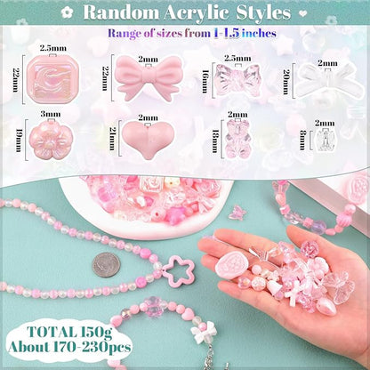 Assorted 200-260PCS Pink Acrylic Beads for Bracelet Making, Flower Bow Candy GummyBear Bracelet Charms,Cute Beads for Jewelry Making DIY Necklace Keychain Phone Charm Christmas Gift