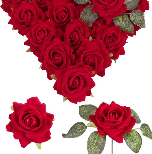 Red Artificial Roses 16pcs Velvet Roses Artificial Flowers 3.15" Fake Red Roses for Bridal Bouquet Wedding Flowers for Floral Centerpieces Home Party Decor