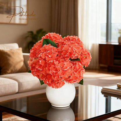 A Bunch 21in, Real Touch Hydrangea Artificial Flowers, with 5pcs Flower Head 8pcs Leaves, Faux Hydrangea Flowers for Home Office Decor Wedding Party Arrangements (2, Orange-red)