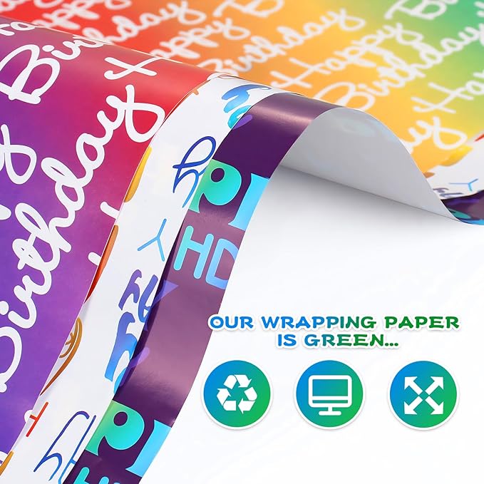 BWLOIES Wrapping Paper Birthday Wrapping Paper Sheets Hradient Multi-colour Happy Birthday Paper Set Include Bday Gift Wrap withTags & Ribbon,Present wrap for Boys Men Girls Women