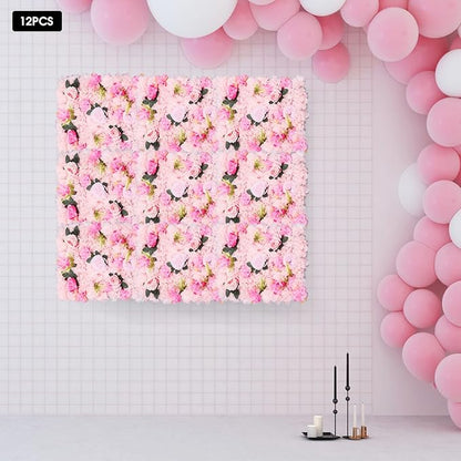 12pcs Flower Wall Panels 15.7" x 23.6" Floral Wall Artificial Flower Backdrop for Wedding Party Photo Backgrounds Light Pink