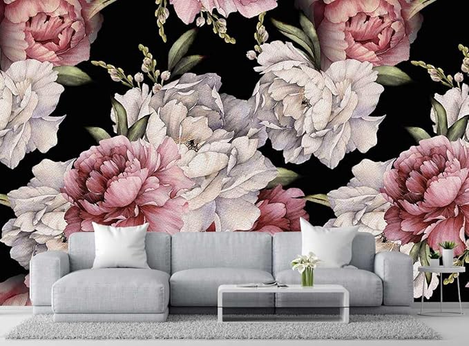 Dark Background Watercolor Peony Seamless Floral Wallpaper, Large Art Background Wall Mural for Decorated Bedroom and Living Room(Non-self-Adhesive)