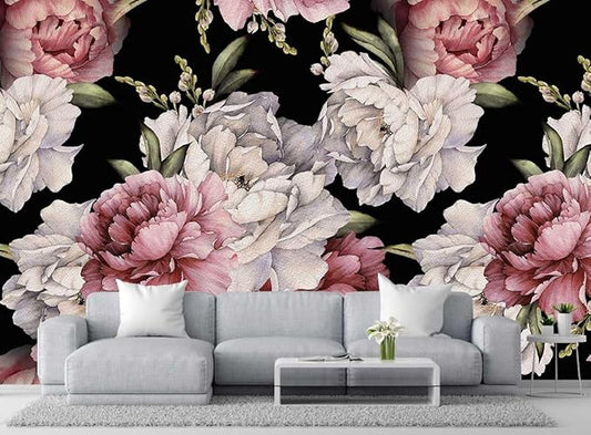 Dark Background Watercolor Peony Seamless Floral Wallpaper, Large Art Background Wall Mural for Decorated Bedroom and Living Room(Non-self-Adhesive)