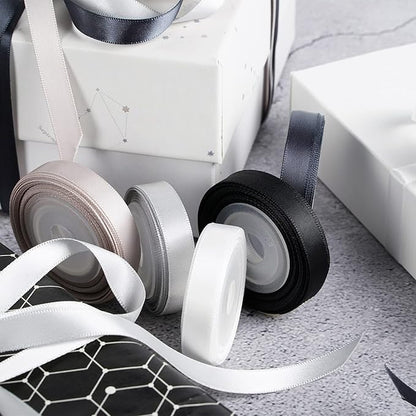 HUIHUANG Black White Silver Ribbon 3/8" Satin Ribbon Assorted 5 Colors Double Face Solid Color Ribbon for Holiday Day Gift Wrapping DIY Bow DIY Crafts, 10 Yard Each Total, 50 Yds Per Package