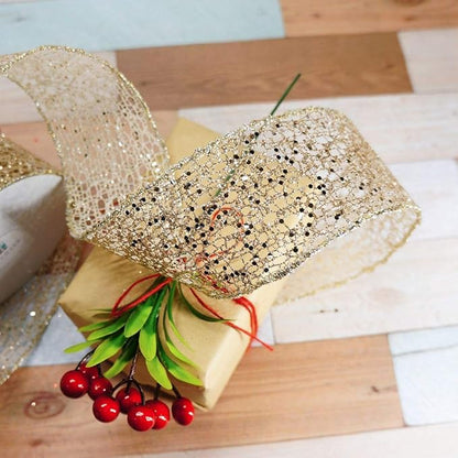 CT CRAFT LLC Sparkling Glitter Mesh Wired Ribbon 2.5" x 10 Yards Champagne Gold for Christmas Home Decor Bow Gift Wrapping DIY Crafts Wreath