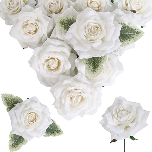 Silk Roses - 16pcs White Large Fake Roses - Wedding Bouquet, Home Decorations