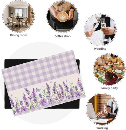 Flowers Leaves Spring Placemats Set of 4,Purple Plaid Background Flower Seasonal Table Mats for Party Kitchen Dining Decoration 4 PCS