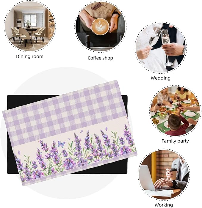 Flowers Leaves Spring Placemats Set of 4,Purple Plaid Background Flower Seasonal Table Mats for Party Kitchen Dining Decoration 6 PCS