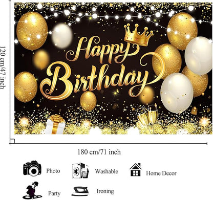 YinQin 180x120 cm Black Gold Happy Birthday Party Backdrops Cloth 71x47 in. Glitter Black Gold Happy Birthday Photography Backgrounds Banners Black Gold Happy Birthday Sign Decorations for Men Women