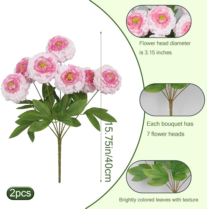 2 Pcs Artificial Flowers Spring Summer Outdoor Flowers Pink Zinnias Silk Flowers with Stems Zinnia Elegans Artificial Zinnias for Outdoors Floral Arrangements Table Centerpieces Wedding Decor