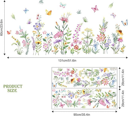 Flower Wall Decals Watercolor Wildflower Grass Butterflies Wall Stickers Peel and Stick Vinyl Decal for Girls Bedroom Living Room Home Office