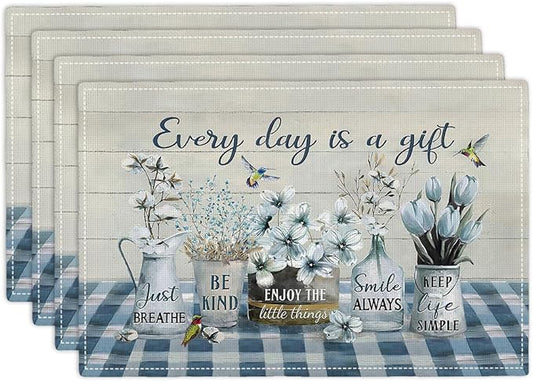 Farmhouse Spring Flower Placemats Set of 4 Every Day is A Gift Rustic Floral Double-Sided Table Mats for Dining Room Home Party Indoor 4 PCS 12x18 Inch