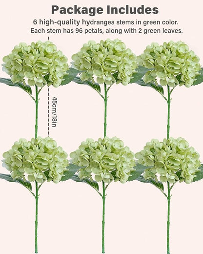 6PCS Premium Green Hydrangea Artificial Flowers Bouquets, Silk Hydrangea Flowers Heads with Stems, Fake Hydrangeas Flowers Arrangement, Faux Hydrangea Decor for Home Wedding Party Table Centerpieces