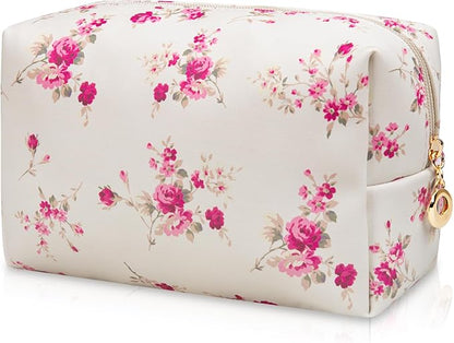 Floral Waterproof Makeup Bag, Leather Cosmetic Bag with Compartments, Zipper Make up Pouch Organizer, Portable Storage Travel Toiletry Bag Gifts for Women Girls(Rose Red Flower)