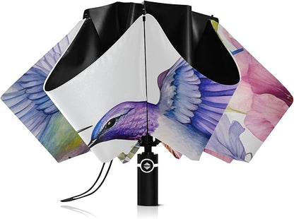 Automatic Folding Umbrella Windproof Strong, UV Protection Compact Floral Hydrangea Hummingbird Sun Rain Sun Rain Travel Umbrellas for Women Men