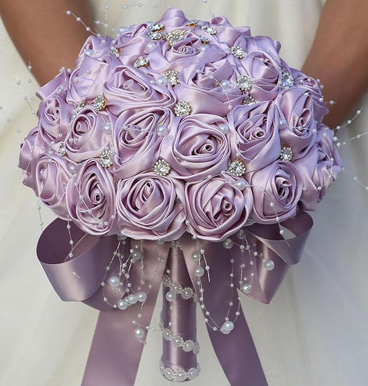 Bridal Wedding Bouquet Round Bling Brooch Bouquet Throw Toss Artificial Rose Flower Bunch for Bride Bridesmaid Wedding Quinceanera(Light Taro Purple, 7.5")