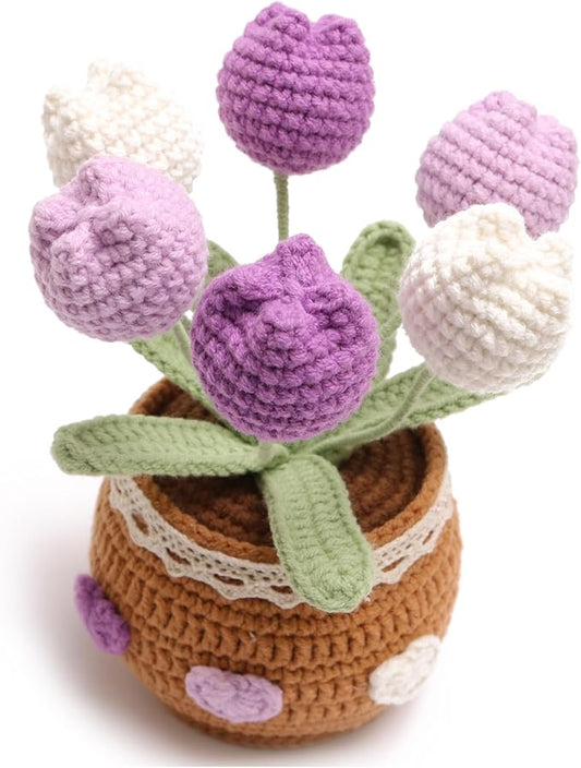 Crochet Simulation Tulip Potted Plants, Simulation Crochet with Long Flowers, Hand Crochet Lovely Woven Potted Plants, Home Office Desk Ornaments, Shop Decorative Flowers (6 Flowers-Purple)