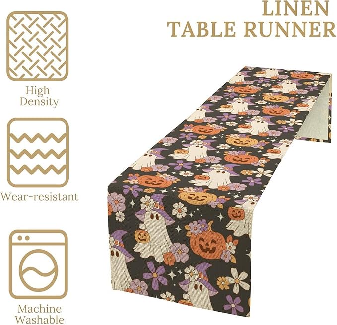 Halloween Table Runner ,Cute Ghost Pumpkin Pattern Table Runner for Home Kitchen Table Dining Garden Farmhouse Wedding Party Decor 13x70 Inch