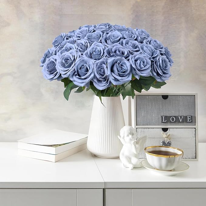 Artificial Rose Flower Dusty Blue Flowers Dusty Blue Roses Silk Flowers 50 pcs with Long Stem Silk Roses Bouquet for Wedding Bridal Shower Party Home Decoration