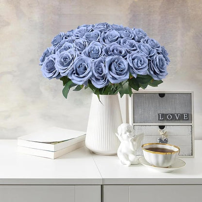Artificial Rose Flower Dusty Blue Flowers Dusty Blue Roses Silk Flowers 50 pcs with Long Stem Silk Roses Bouquet for Wedding Bridal Shower Party Home Decoration