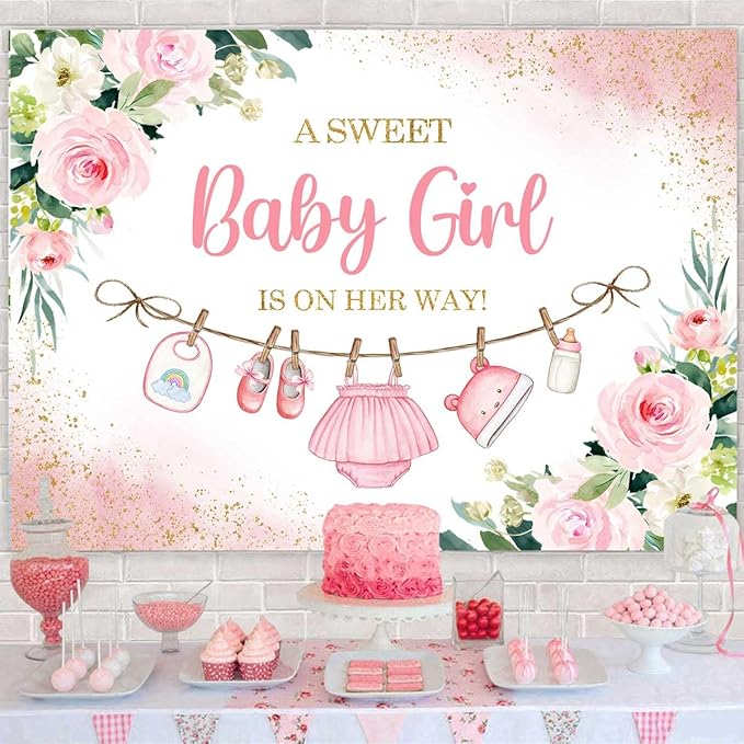 Sensfun Cute Clothes Baby Shower Backdrop A Sweet Baby Girl is On Her Way Banner Watercolor Pink Floral Sweet Little Girl Baby Shower Party Decorations Banner Supplies Photo Booth Props 5x3ft