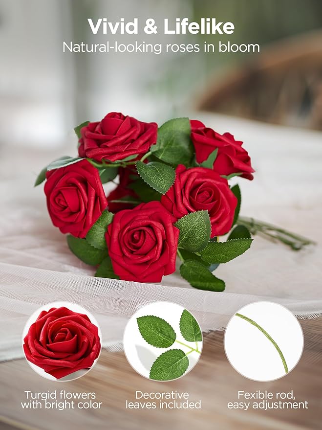 InnoGear Artificial Flowers, 25 Pcs Dark Red Foam Fake Roses Bulk with Stems for Decoration DIY Wedding Bouquets Centerpieces Bridal Shower Party Christmas Tree