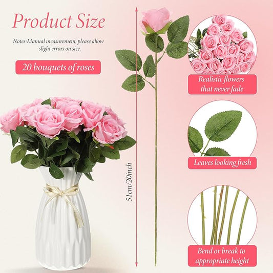 Hotop 20 Pcs Artificial Rose Flowers with Long Stem,Real Touch Silk Realistic Plastic Bouquet Roses Bulk for Home Decor Bridal Wedding Party Table Centerpieces Decorations(Pink)