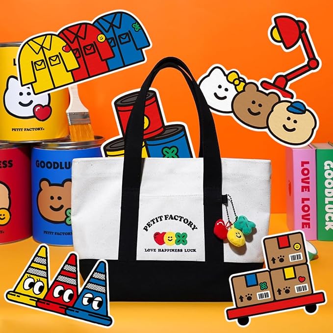 PETIT FACTORY Canvas Tote Bag 14.2"(W) × 9.1"(H) × 3.9"(D), Great for DIY Painting or Decoration, Tote Bags for Women Canvas with Pockets & Keyring Hooks