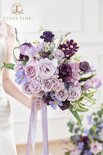 TINGE TIME 17 Inch Artificial Bridal Bouquet Realistic Silk Wedding Bouquet, Durable Fake Flowers for Brides, Bridesmaids, Home Decor, and Events (Lavender & Plum)