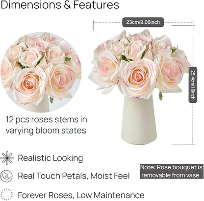 12-Piece Faux Real Touch Rose Bouquet in Ceramic Vase, Fake Flowers in Vase, Artificial Flowers for Home, Wedding, Bridal Bouquet, Party & Dining Table Centerpiece Decor (Pink Edge, 10" High)