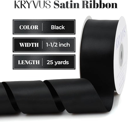 Black Satin Ribbon, Double Faced 1-1/2 Inch X 25 Yards Black Ribbon, Premium Satin Ribbon for Gift Wrapping, Crafts, Hair Bow Making, Sewing, Flower Bouquet, Wedding Party Decor