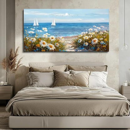 PHAOHUAXM Large Blue Ocean Landscape Canvas Printing Picture Wall Art For Living Room Farmhouse Dinin Mural White Flowers Bedroom Office Wall Decor Home Decor Painting Easy To Hang 30x60 Inches