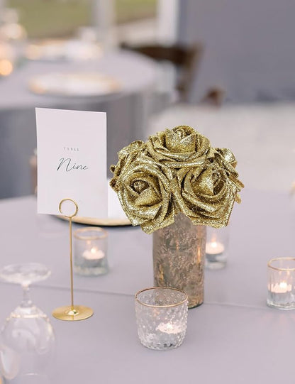 Gold Glitter Roses 30pcs Gold Roses 2.56" Glitter Flowers Artificial Roses with Stems for Centerpieces Wall Decorations Wedding Ceremony Bridal Shower Table Floral Arrangement (Gold)