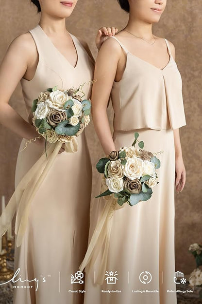 Ling's moment Bridesmaid Bouquet Set of 4, Oatmeal Beige Wedding Bouquets for Bridesmaids, 7 Inch Brown Bridal Bouquets for Bridesmaids, Wedding, Ceremony, Anniversary, etc.