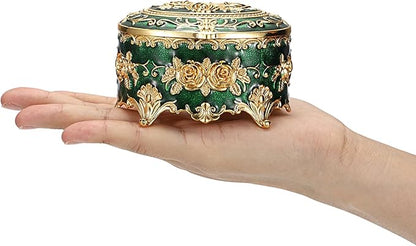 Hipiwe Vintage Jewelry Box Oval Trinket Display Case with Rose Pattern Decorative Green Treasure Box Ring Holder for Women