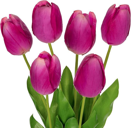 6PCS 23" Fake Tulip Flowers Artificial Fuchsia Tulips Long Stem Faux Flower, Silk Flower Décor for Floral Arrangement Home Farmhouse Wedding Decoration
