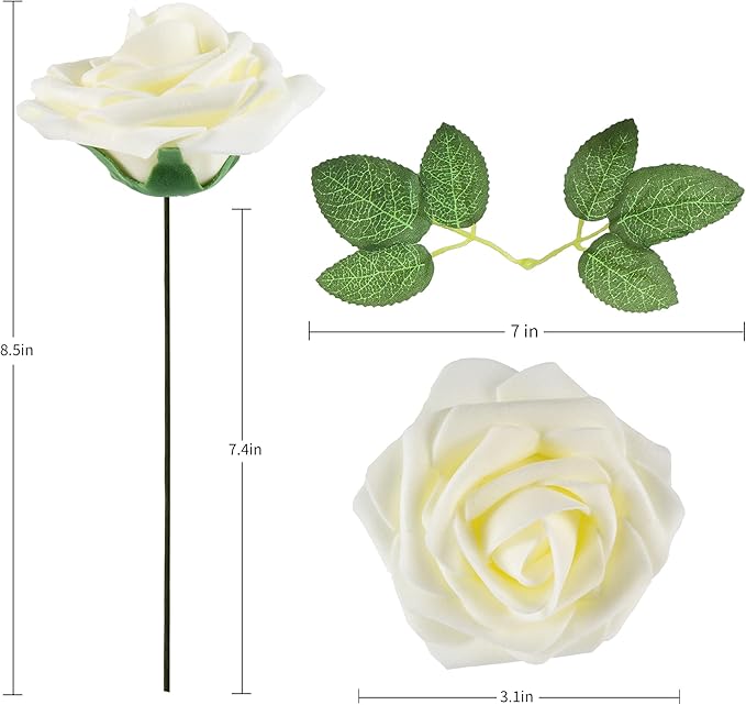 Artificial Flower Foam Rose 25pcs Real Looking Fake Rose with Stems Leaves for Home Decoration Party Garden Centerpieces DIY Wedding Bouquets（Ivory White）