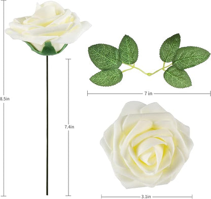 Artificial Flower Foam Rose 25pcs Real Looking Fake Rose with Stems Leaves for Home Decoration Party Garden Centerpieces DIY Wedding Bouquets（Ivory White）