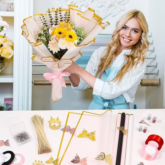449Pcs Flower Bouquet Wrapping Accessories with Floral Wrapping Paper Gold Crowns Butterfly Decorations Gem Pins and Wooden Sticks, Ribbons for Money Bouquet Mother's Day Baby Shower Graduation