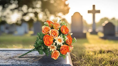 Hollyone Set of 2 Artificial Cemetery Flower for Graves Orange Cemetery Memorial Flowers for Outdoor Grave Decorations Silk Flower Arrangements Rose Ranunculus Gerbera Floral Flowers Bouquets