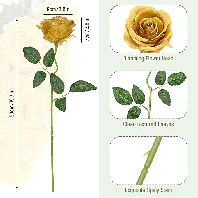 Waipfaru 16 Pcs Fake Gold Roses Artificial Flowers with Long Stems, Rose Bouquet Silk Faux Flowers for Valentines Wedding Party Vase Centerpiece Home Decor (Gold)