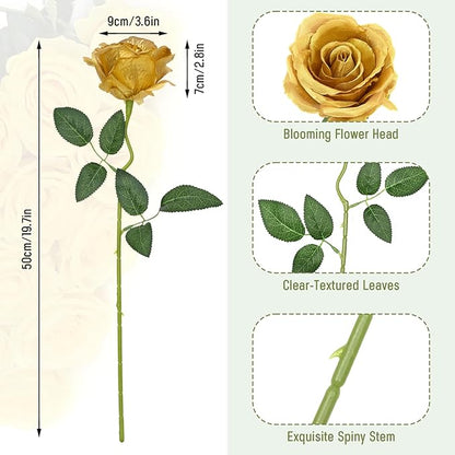 Waipfaru 16 Pcs Fake Gold Roses Artificial Flowers with Long Stems, Rose Bouquet Silk Faux Flowers for Valentines Wedding Party Vase Centerpiece Home Decor (Gold)