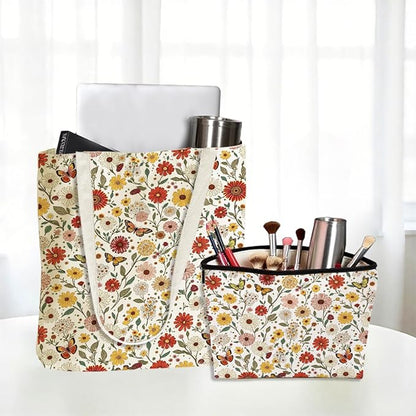 Flower Plant Lover Gifts for Women Canvas Tote Bag with Makeup Bag Cosmetic Bags Grocery Bags for Shopping Christmas