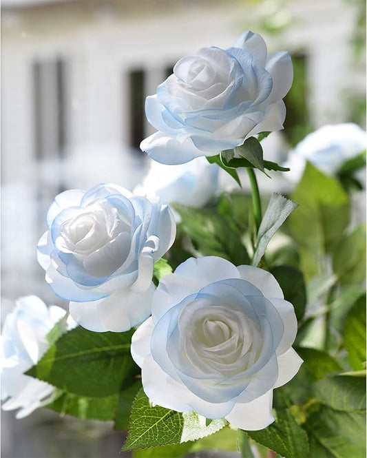 FiveSeasonStuff 12 Stems Artic ICY Blue Artificial Flowers Real Touch Silk Roses for Wedding Decoration, Packed in Gift Box