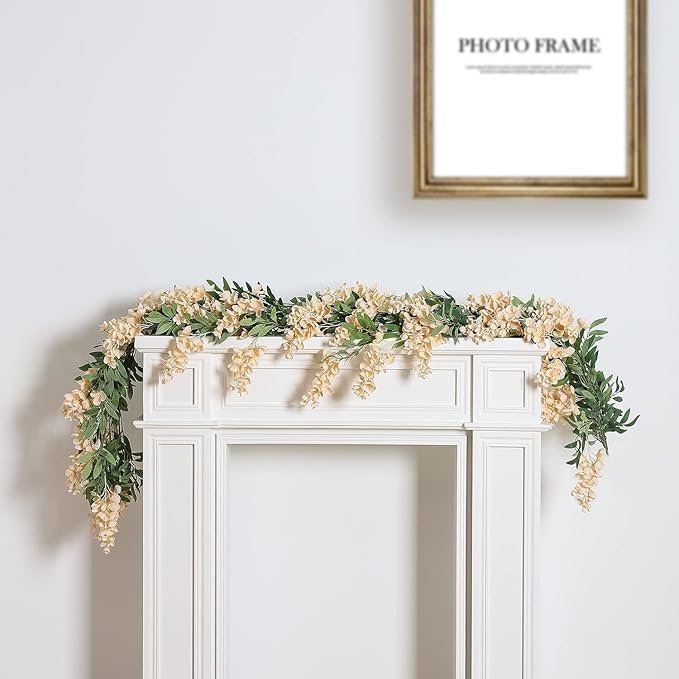 Duovlo 4Pcs 6.6Ft/Piece Imitation Silk Wisteria Garland Hanging Flower Vine for Home Outdoor Garden Ceremony Wedding Arch Floral Decor (Champagne)