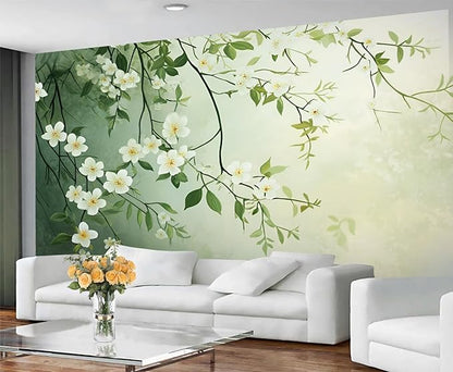 Spring Blossom Floral Wall Mural, Minimalist White Floral 3D Wall Murals, Elegant Botanical Wallpaper Mural, for Living Room Bedroom Large Wallpaper Indoor Decor 157.5" W x110.3 H