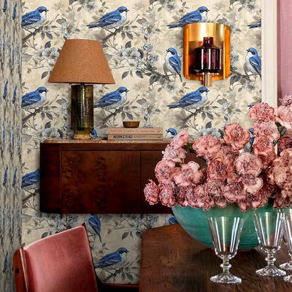 Vintage White Cherry Flowers Blue Birds Peel and Stick Wallpaper Easy Peel Off Contact Paper Stick on Adhesive Wall Paper for Bathroom Waterproof Renter Friendly