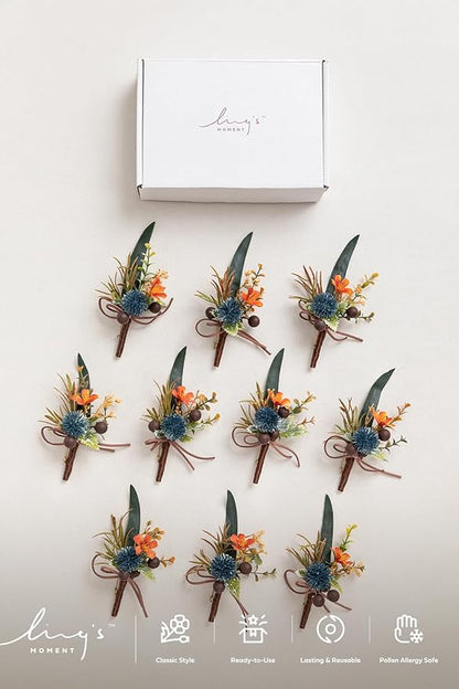Ling's Moment Boutonniere for Men, 10pcs Groomsmen Guest Boutonniere, Artificial Flowers for Wedding Décor/Prom/Homecoming,etc.Dark Teal Orange