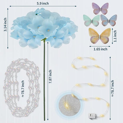 64PCS Artificial Hydrangea Flowers with Stems, Silk Flower Heads with 15 Butterfly, Crystal Strings and LED Lights for Wedding Arch, Centerpiece, Home, Garden Party Décor (64, Blue)
