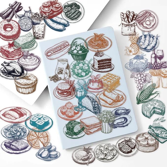 50PCS Food Stickers, Transparent PET Cartoon Line Art Decals of Cakes, Bread, Sushi, Fruits, Fries for Scrapbooking, Journaling, Water Bottles, Laptops, DIY Crafts & Gift Decor